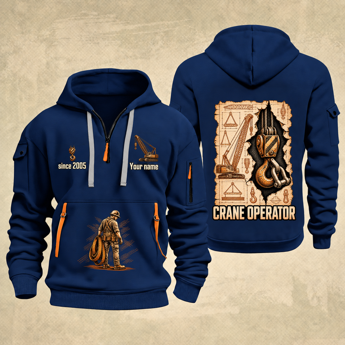 Crane Operator Blueprint Quarter-Zip Hoodie in Navy, authentic overlapping front and back views with crane operator artwork and source sample name/year lettering.