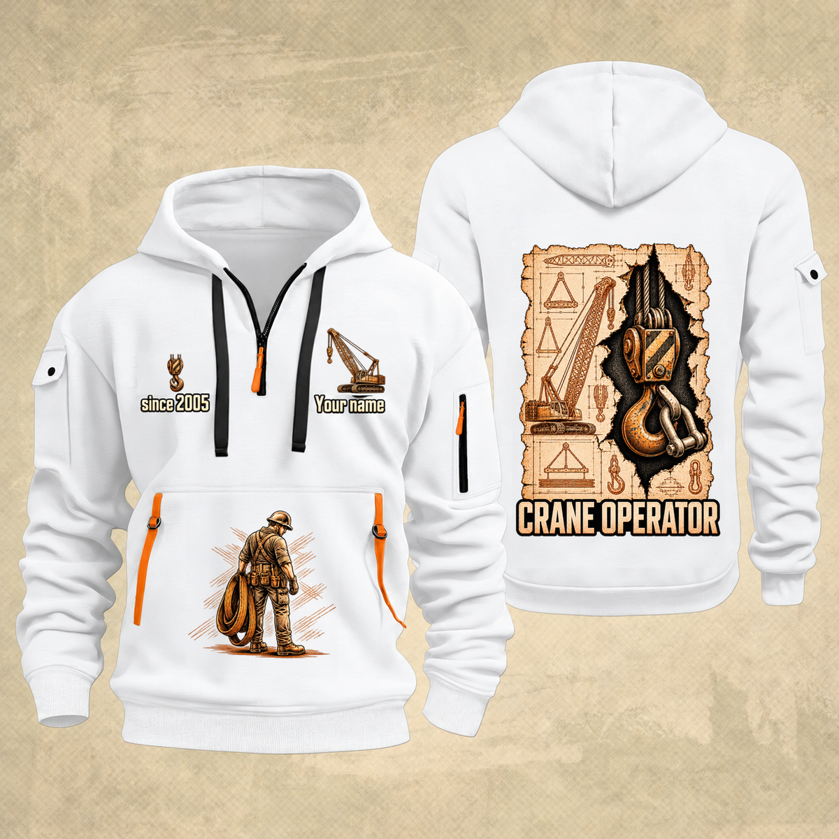 Crane Operator Blueprint Quarter-Zip Hoodie in White, authentic overlapping front and back views with crane operator artwork and source sample name/year lettering.