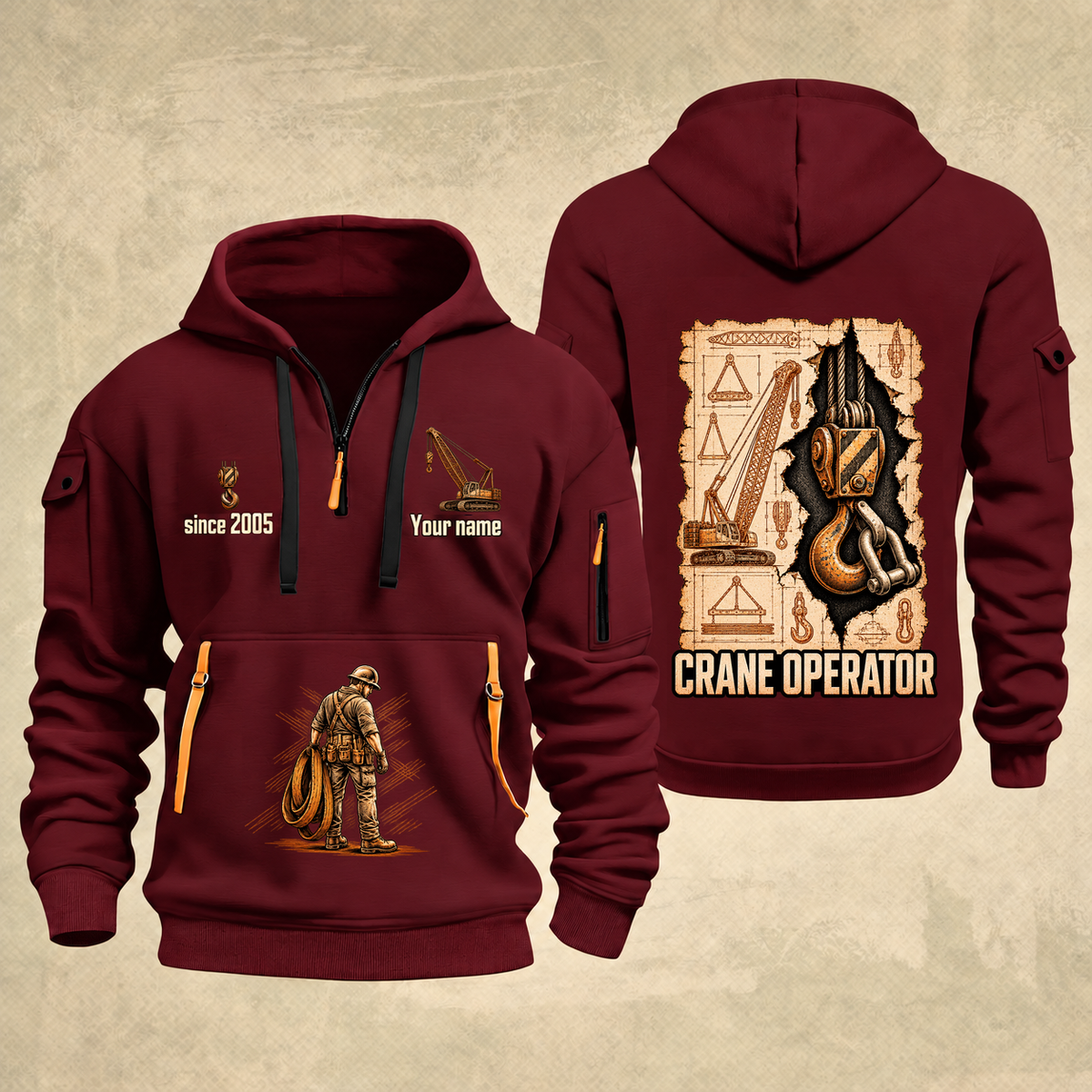 Crane Operator Blueprint Quarter-Zip Hoodie in Wine Red, authentic overlapping front and back views with crane operator artwork and source sample name/year lettering.