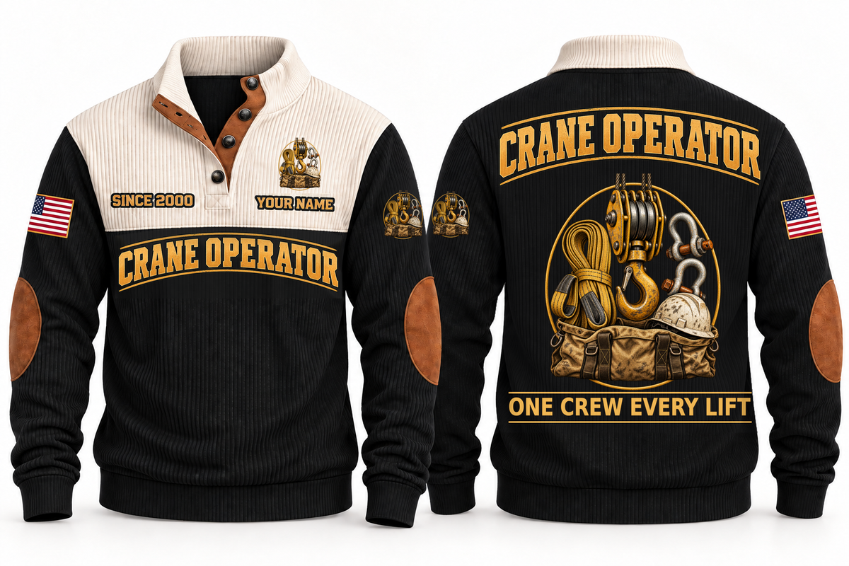 Crane Operator Lift Crew Sports Sweatshirt in Black, full front and back garment views with crane hook-block, lifting sling, shackles, hard hat and tool bag artwork, ONE CREW EVERY LIFT wording and source sample YOUR NAME and SINCE 2000 text.
