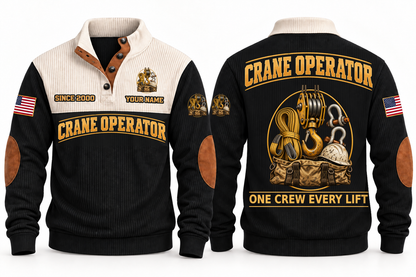 Crane Operator Lift Crew Sports Sweatshirt in Black, full front and back garment views with crane hook-block, lifting sling, shackles, hard hat and tool bag artwork, ONE CREW EVERY LIFT wording and source sample YOUR NAME and SINCE 2000 text.