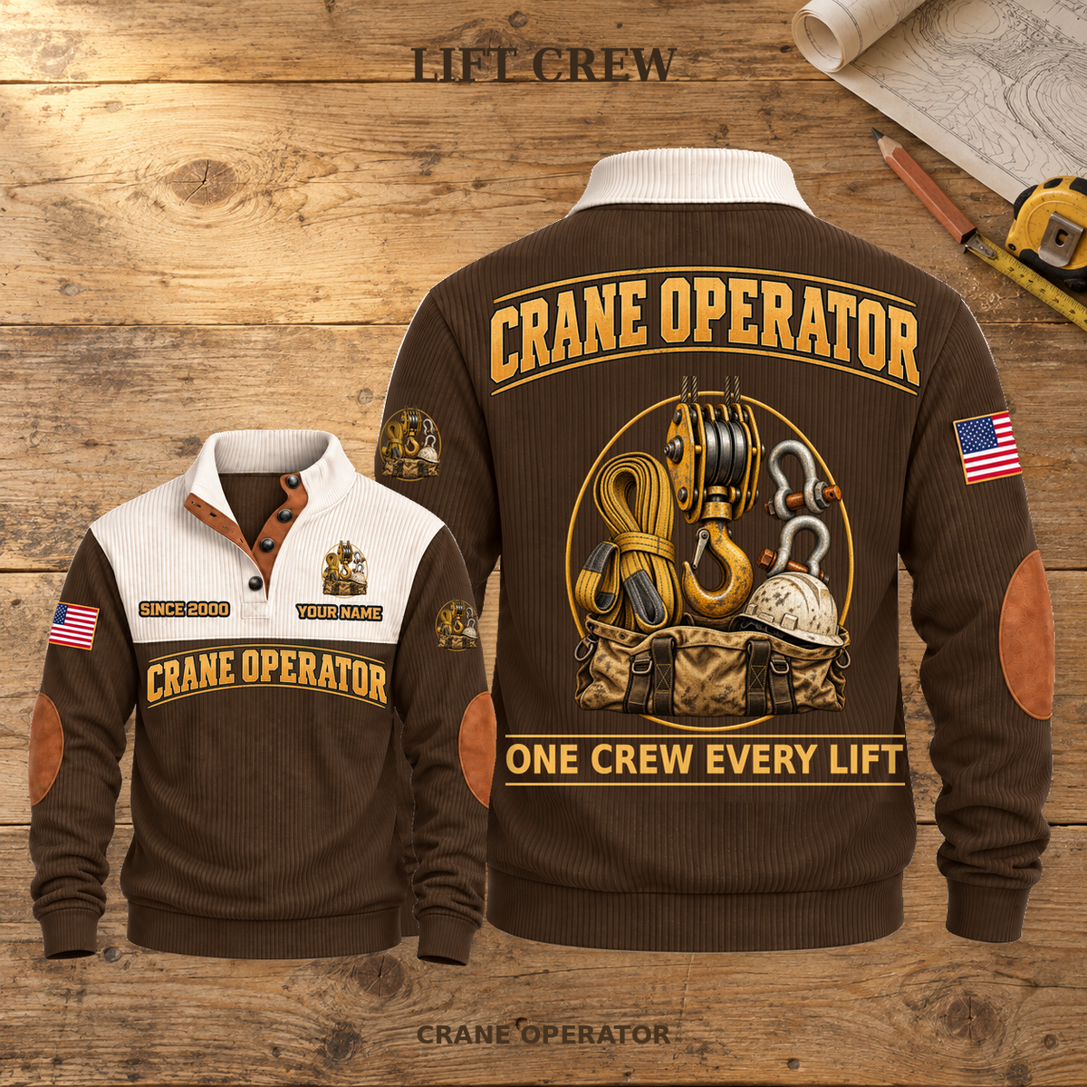 Crane Operator Lift Crew Sports Sweatshirt in Brown, dominant back and smaller front view on a warm wooden workbench, with LIFT CREW headline.
