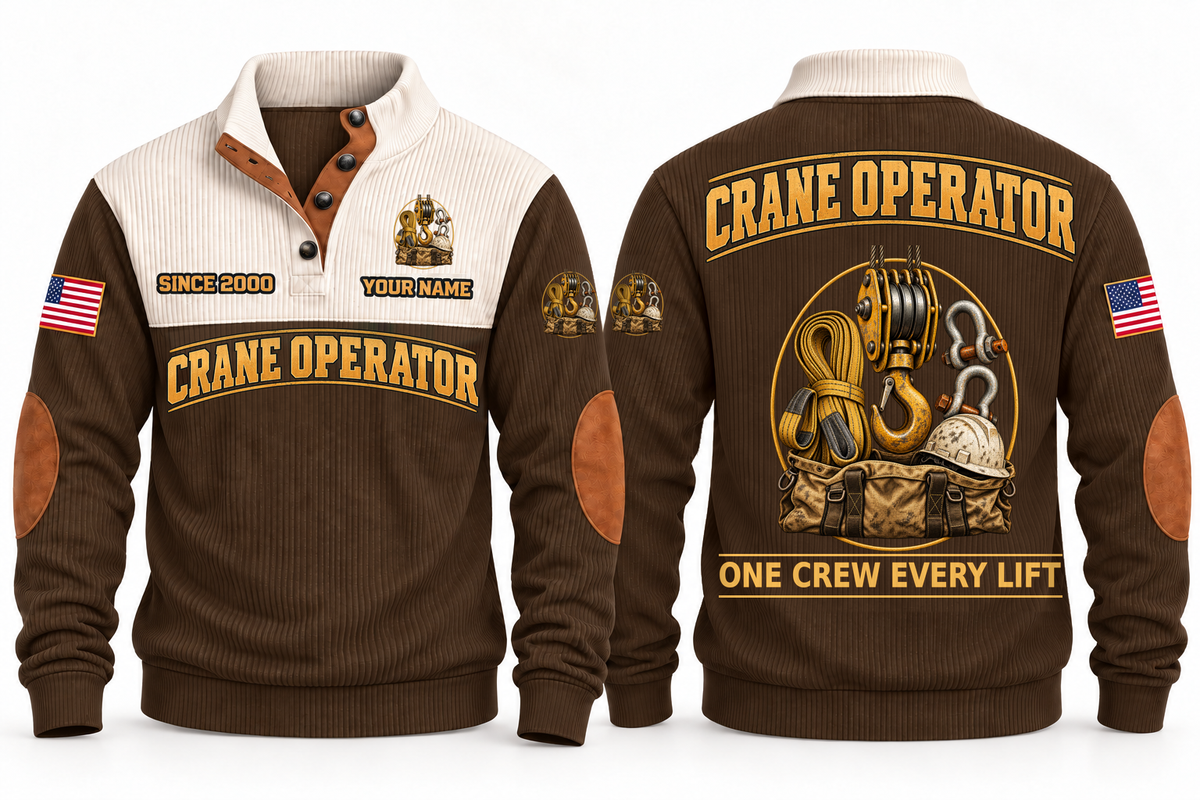 Crane Operator Lift Crew Sports Sweatshirt in Brown, full front and back garment views with crane hook-block, lifting sling, shackles, hard hat and tool bag artwork, ONE CREW EVERY LIFT wording and source sample YOUR NAME and SINCE 2000 text.