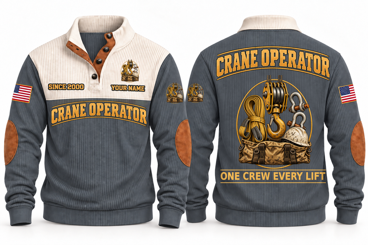 Crane Operator Lift Crew Sports Sweatshirt in Grey, full front and back garment views with crane hook-block, lifting sling, shackles, hard hat and tool bag artwork, ONE CREW EVERY LIFT wording and source sample YOUR NAME and SINCE 2000 text.