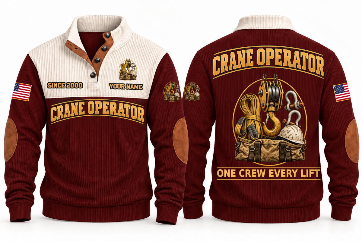 Crane Operator Lift Crew Sports Sweatshirt in Jujube Red, full front and back garment views with crane hook-block, lifting sling, shackles, hard hat and tool bag artwork, ONE CREW EVERY LIFT wording and source sample YOUR NAME and SINCE 2000 text.