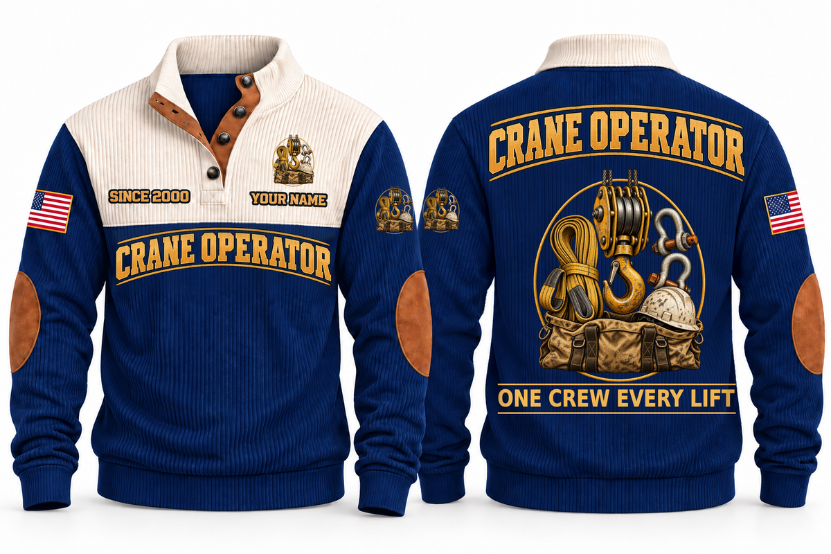 Crane Operator Lift Crew Sports Sweatshirt in Navy, full front and back garment views with crane hook-block, lifting sling, shackles, hard hat and tool bag artwork, ONE CREW EVERY LIFT wording and source sample YOUR NAME and SINCE 2000 text.