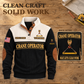 Crane Operator Clean Craft Sports Sweatshirt in Black, dominant front and back artwork detail on a workbench