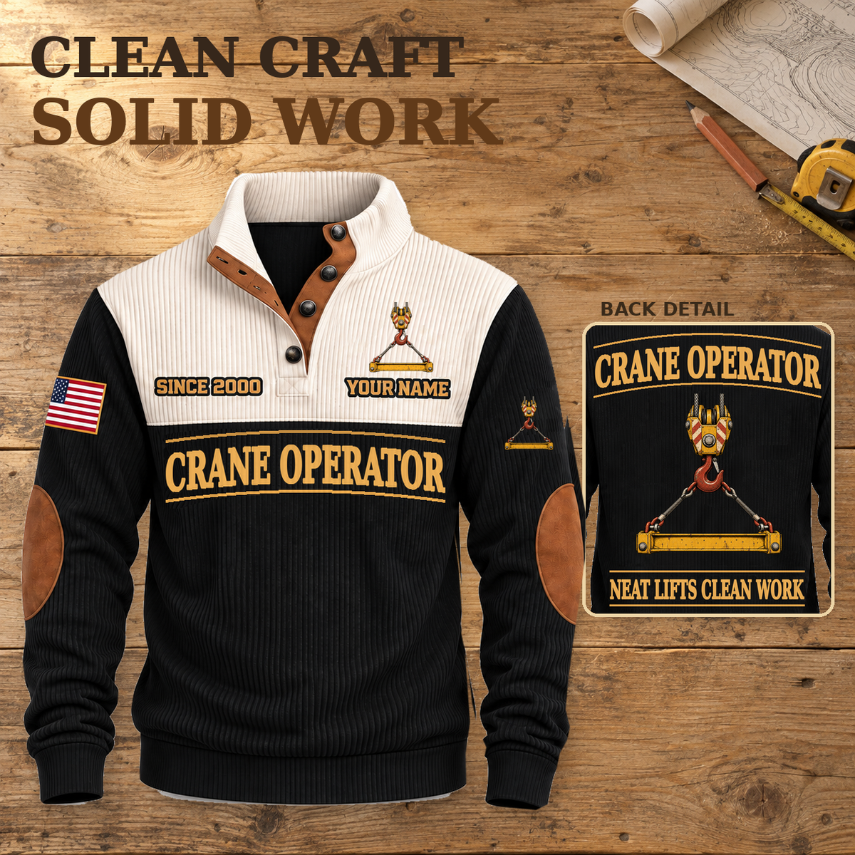 Crane Operator Clean Craft Sports Sweatshirt in Black, dominant front and back artwork detail on a workbench