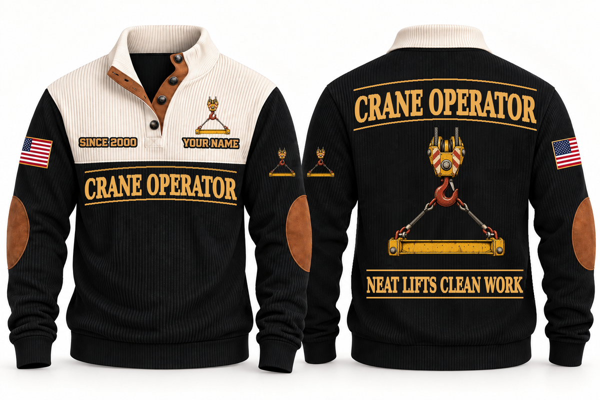 Crane Operator Clean Craft Sports Sweatshirt in Black, front and source-visible back with occupation artwork, cream collar and sample YOUR NAME and SINCE 2000 text