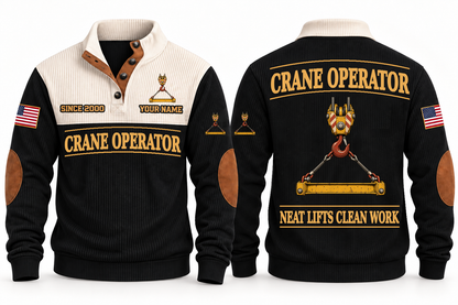 Crane Operator Clean Craft Sports Sweatshirt in Black, front and source-visible back with occupation artwork, cream collar and sample YOUR NAME and SINCE 2000 text