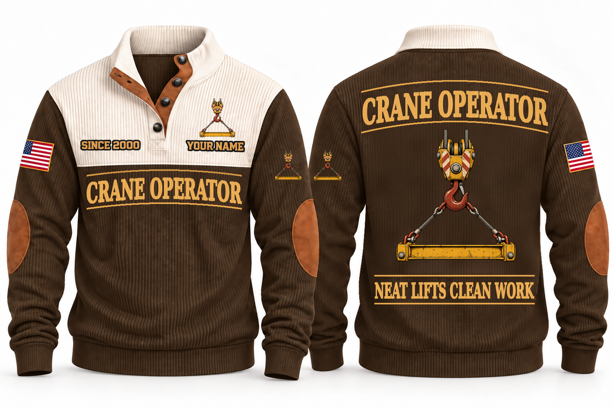 Crane Operator Clean Craft Sports Sweatshirt in Brown, front and source-visible back with occupation artwork, cream collar and sample YOUR NAME and SINCE 2000 text