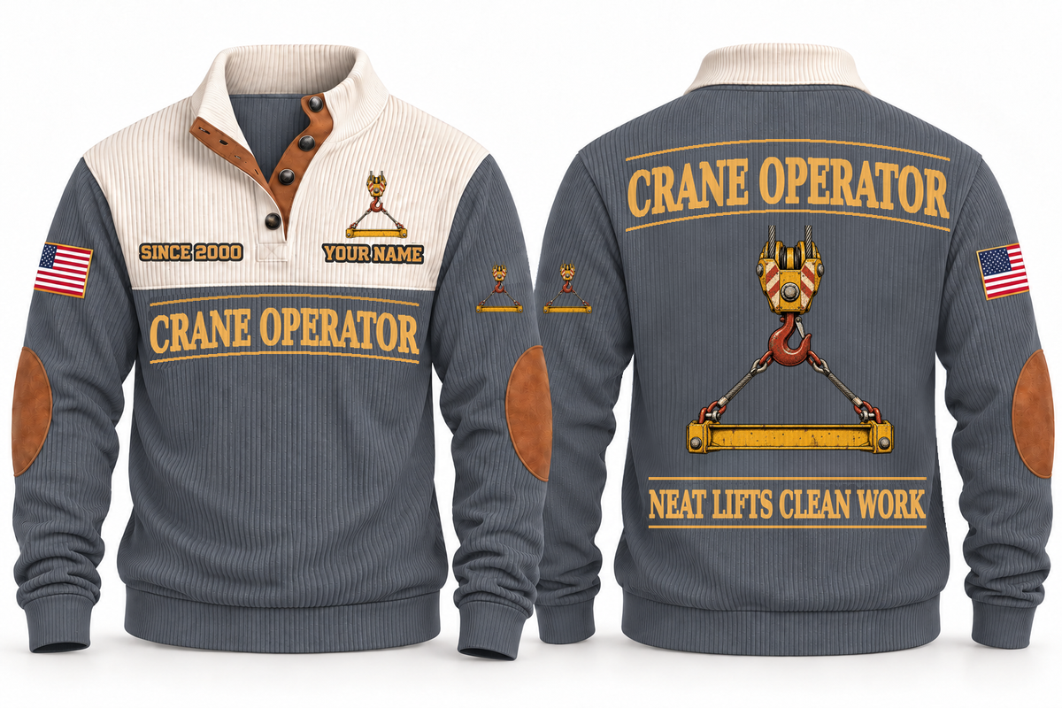 Crane Operator Clean Craft Sports Sweatshirt in Grey, front and source-visible back with occupation artwork, cream collar and sample YOUR NAME and SINCE 2000 text