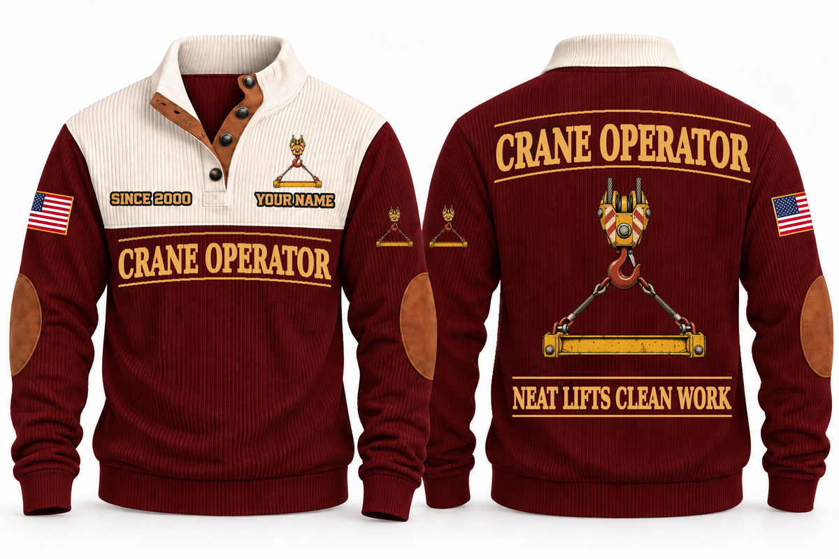 Crane Operator Clean Craft Sports Sweatshirt in Jujube Red, front and source-visible back with occupation artwork, cream collar and sample YOUR NAME and SINCE 2000 text