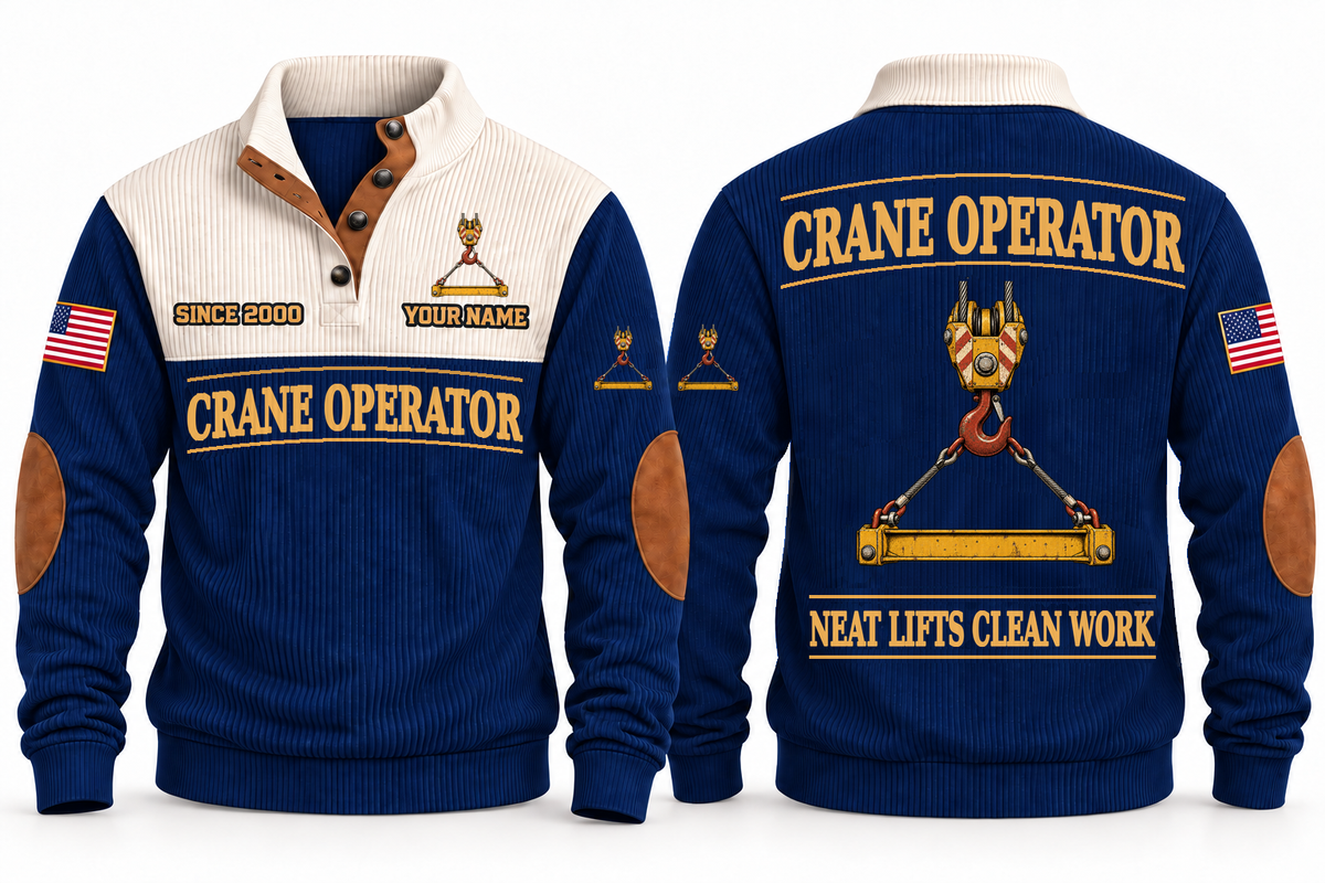 Crane Operator Clean Craft Sports Sweatshirt in Navy, front and source-visible back with occupation artwork, cream collar and sample YOUR NAME and SINCE 2000 text