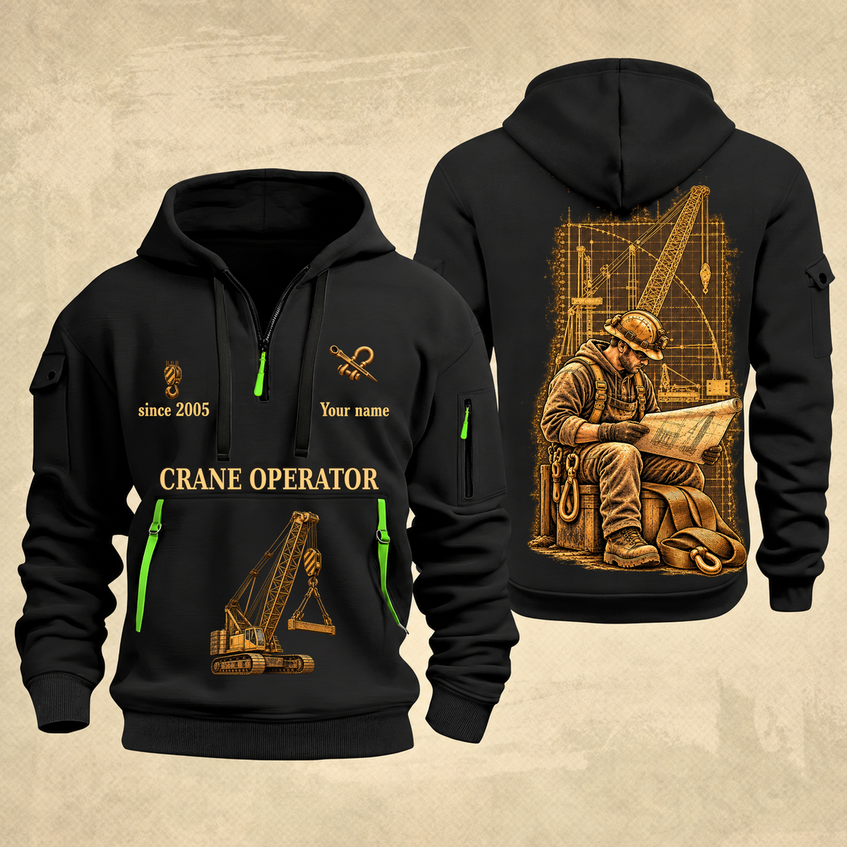 Crane Operator Copper Craft Quarter-Zip Hoodie in Black, full authentic front and back views with matching crane operator tools and equipment artwork, original sample name/year and Copper Craft planning theme.