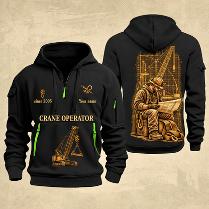 Crane Operator Copper Craft Quarter-Zip Hoodie in Black, full authentic front and back views with matching crane operator tools and equipment artwork, original sample name/year and Copper Craft planning theme.