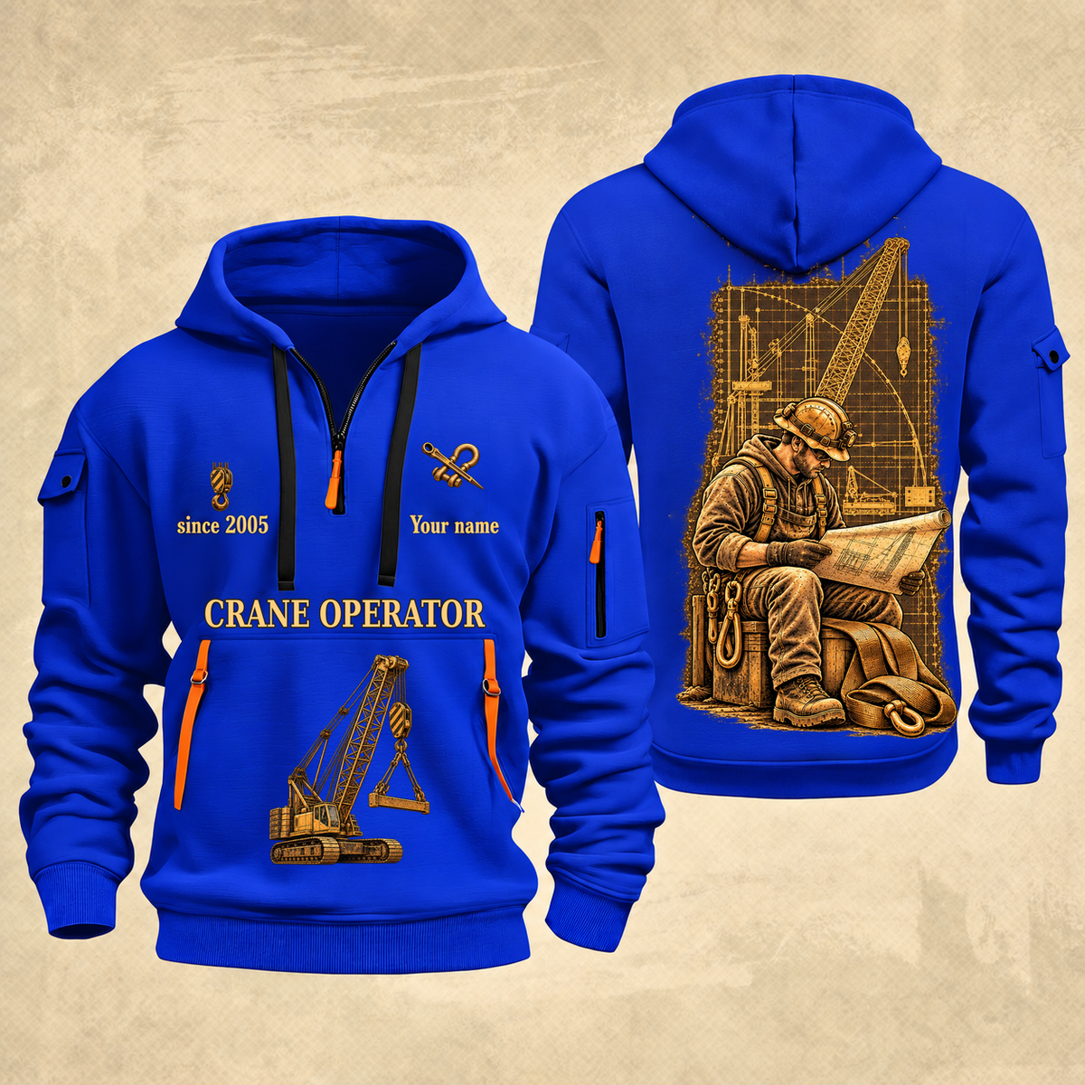 Crane Operator Copper Craft Quarter-Zip Hoodie in Blue, full authentic front and back views with matching crane operator tools and equipment artwork, original sample name/year and Copper Craft planning theme.