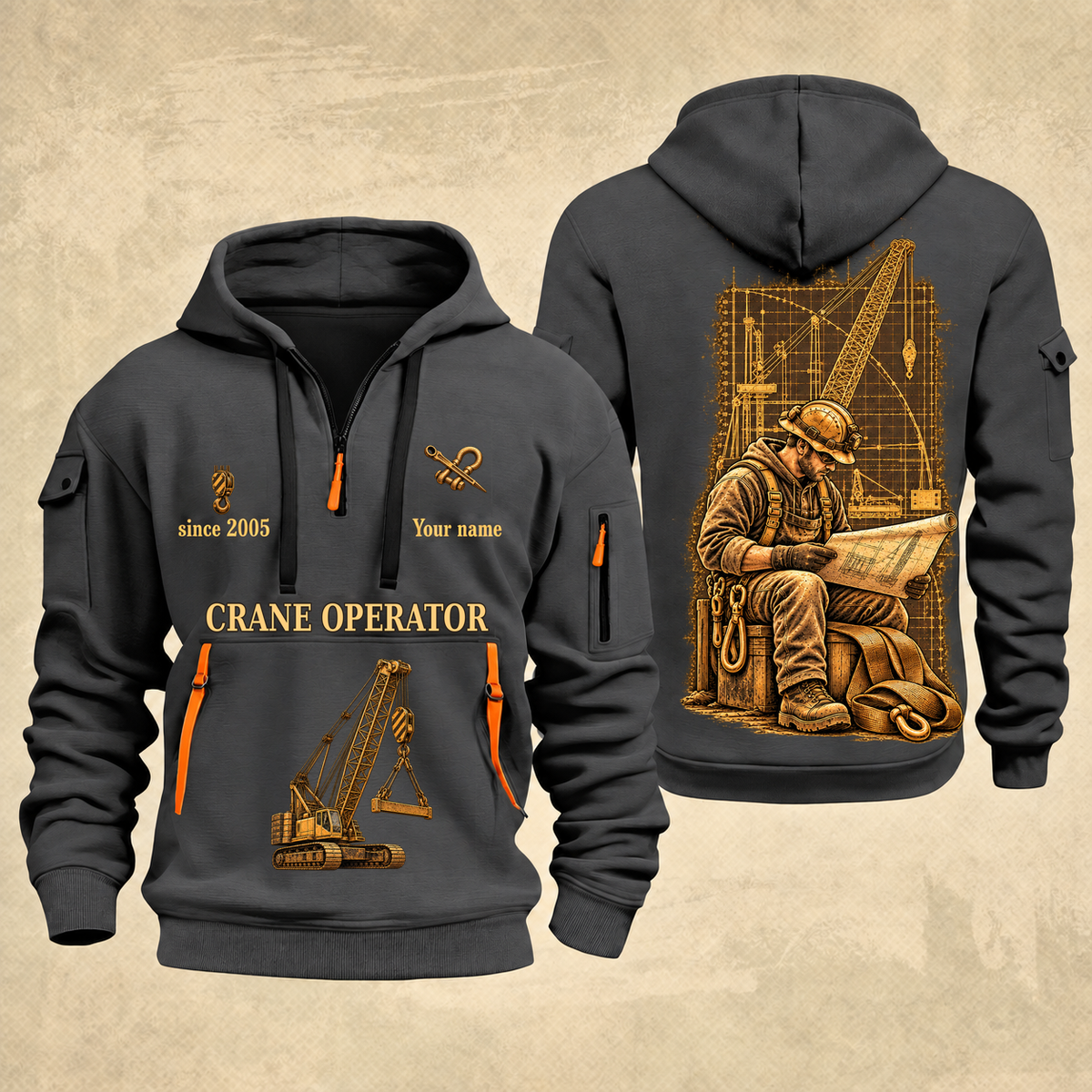 Crane Operator Copper Craft Quarter-Zip Hoodie in Gray, full authentic front and back views with matching crane operator tools and equipment artwork, original sample name/year and Copper Craft planning theme.