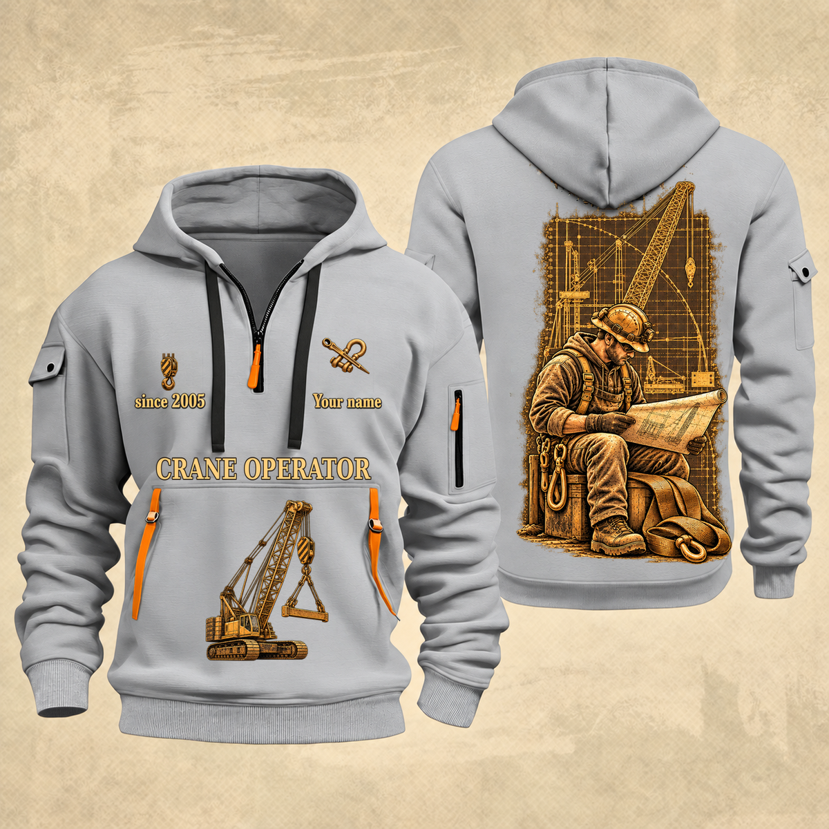 Crane Operator Copper Craft Quarter-Zip Hoodie in Light Grey, full authentic front and back views with matching crane operator tools and equipment artwork, original sample name/year and Copper Craft planning theme.