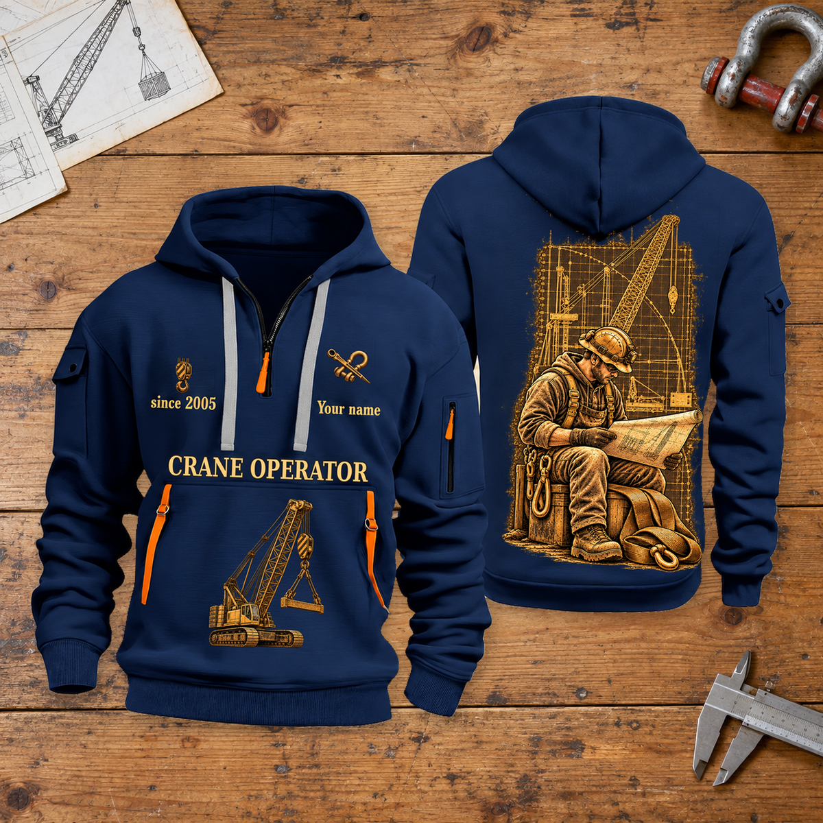 Crane Operator Copper Craft Quarter-Zip Hoodie in Navy, full authentic front and back views with matching crane operator tools and equipment artwork, original sample name/year and Copper Craft planning theme. On a crane operator workbench.