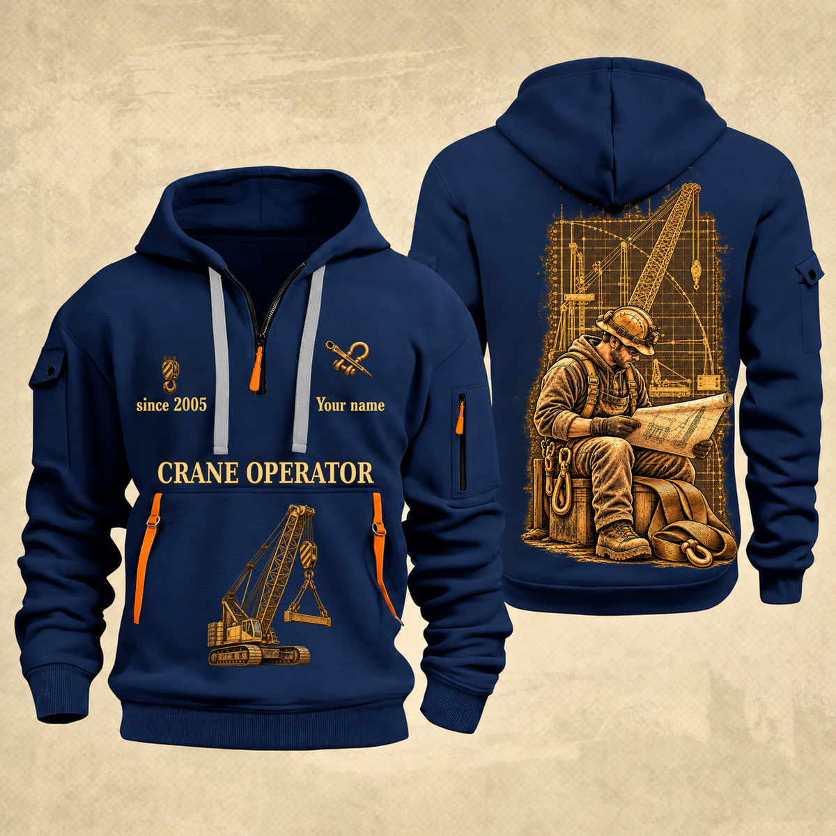 Crane Operator Copper Craft Quarter-Zip Hoodie in Navy, full authentic front and back views with matching crane operator tools and equipment artwork, original sample name/year and Copper Craft planning theme.