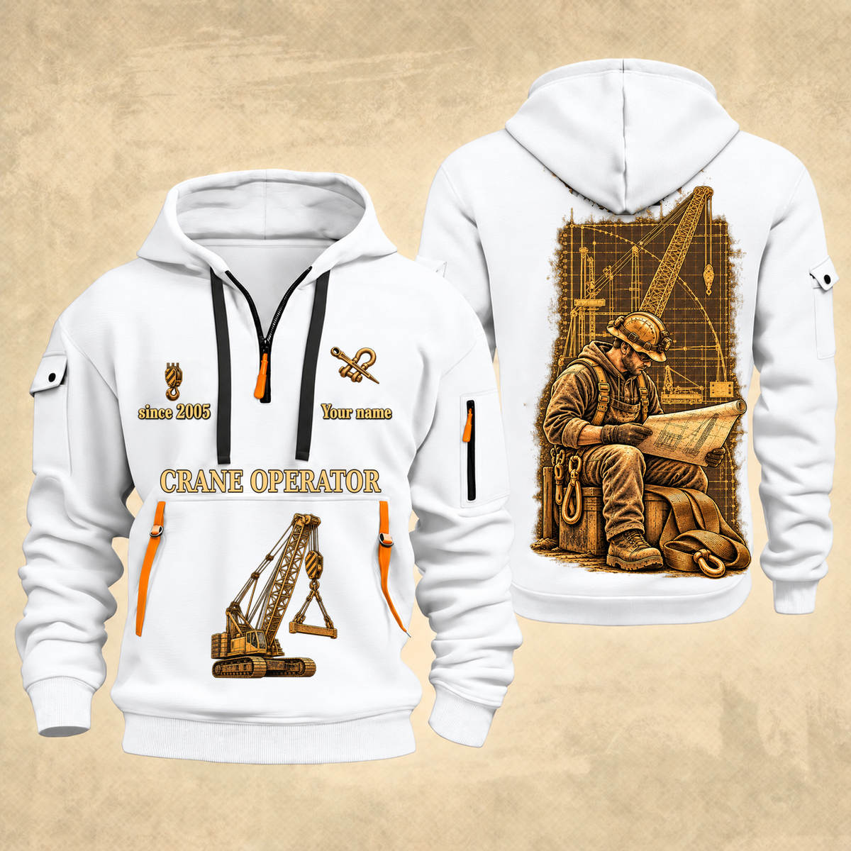 Crane Operator Copper Craft Quarter-Zip Hoodie in White, full authentic front and back views with matching crane operator tools and equipment artwork, original sample name/year and Copper Craft planning theme.