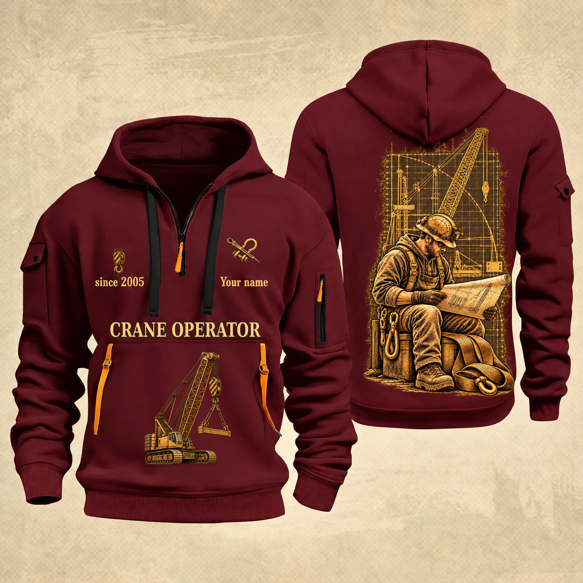 Crane Operator Copper Craft Quarter-Zip Hoodie in Wine Red, full authentic front and back views with matching crane operator tools and equipment artwork, original sample name/year and Copper Craft planning theme.