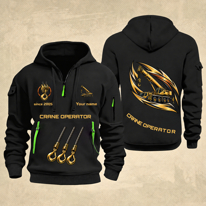 Crane Operator Flow of Craft Quarter-Zip Hoodie in Black, full authentic front and back views with matching crane operator tools and equipment artwork, original sample name/year and curved gold occupation lettering.