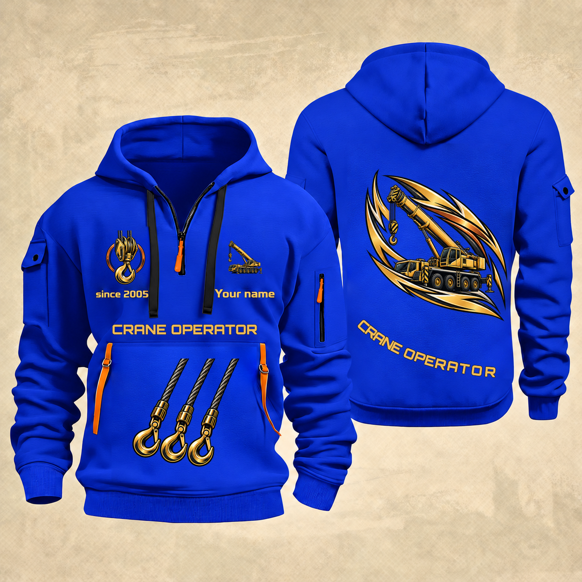 Crane Operator Flow of Craft Quarter-Zip Hoodie in Blue, full authentic front and back views with matching crane operator tools and equipment artwork, original sample name/year and curved gold occupation lettering.