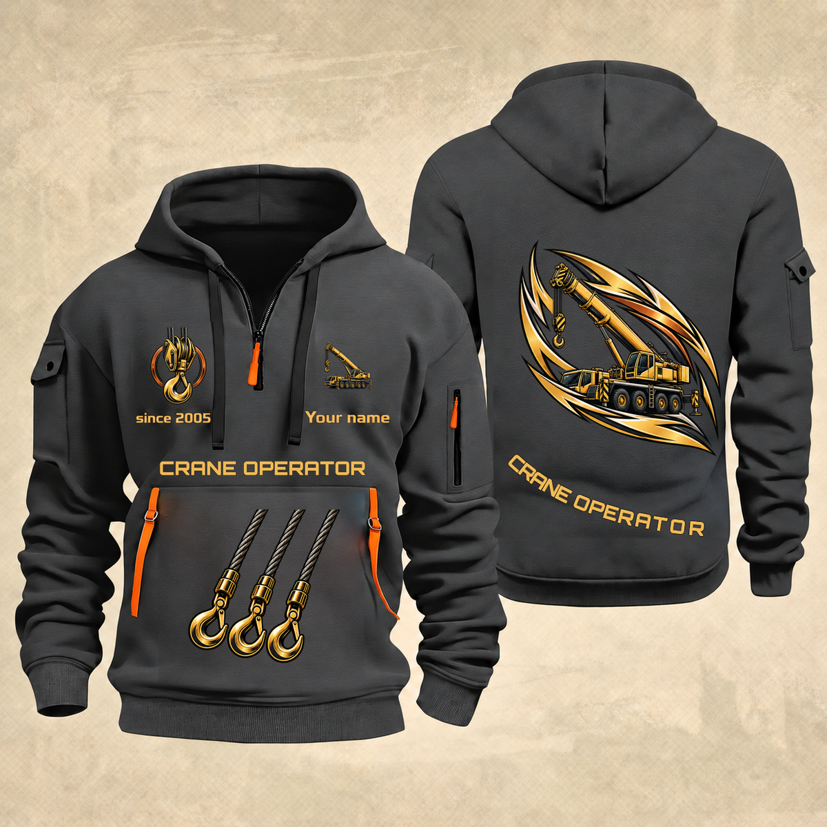 Crane Operator Flow of Craft Quarter-Zip Hoodie in Gray, full authentic front and back views with matching crane operator tools and equipment artwork, original sample name/year and curved gold occupation lettering.