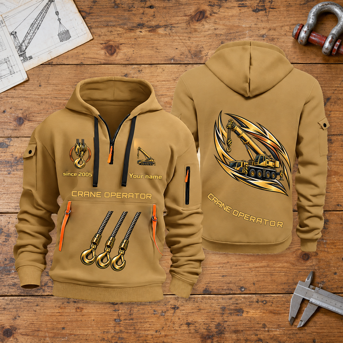 Crane Operator Flow of Craft Quarter-Zip Hoodie in Khaki, full authentic front and back views with matching crane operator tools and equipment artwork, original sample name/year and curved gold occupation lettering. On a crane operator workbench.