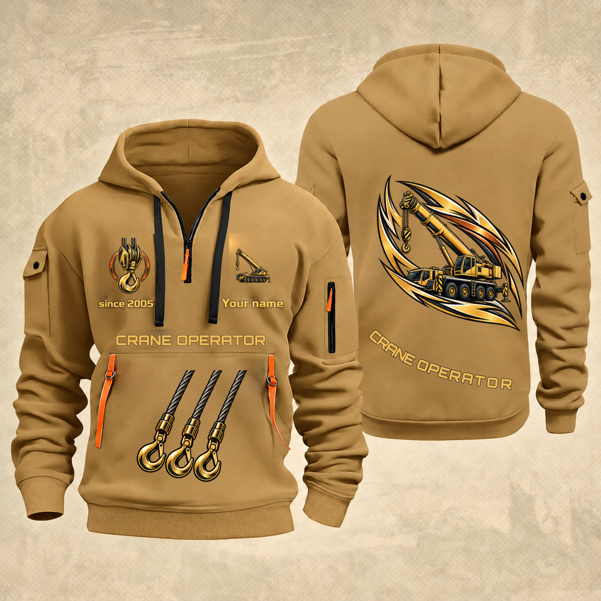 Crane Operator Flow of Craft Quarter-Zip Hoodie in Khaki, full authentic front and back views with matching crane operator tools and equipment artwork, original sample name/year and curved gold occupation lettering.