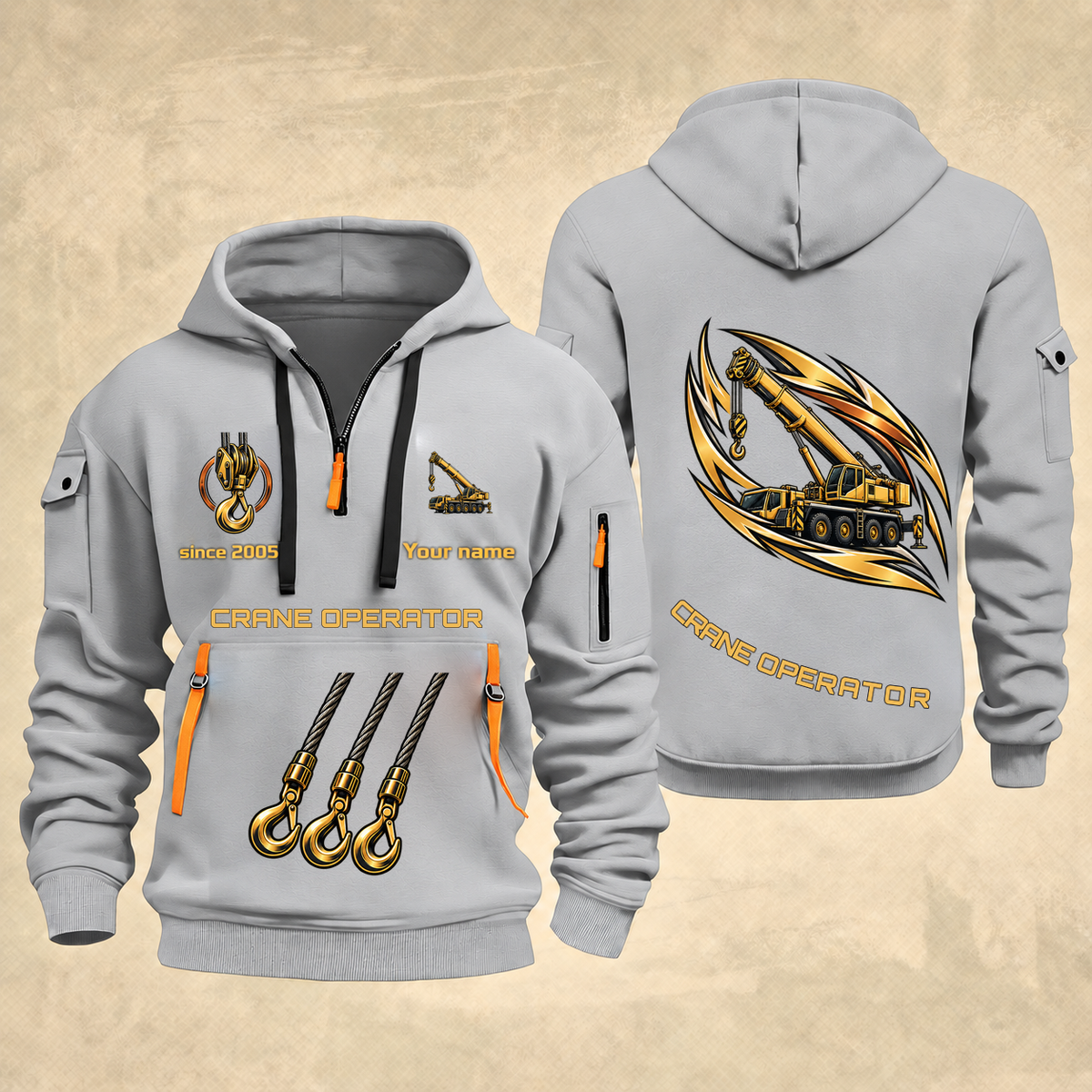 Crane Operator Flow of Craft Quarter-Zip Hoodie in Light Grey, full authentic front and back views with matching crane operator tools and equipment artwork, original sample name/year and curved gold occupation lettering.