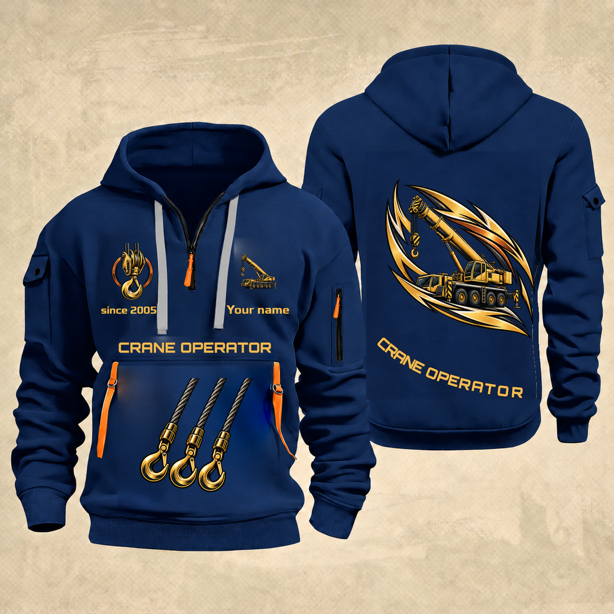 Crane Operator Flow of Craft Quarter-Zip Hoodie in Navy, full authentic front and back views with matching crane operator tools and equipment artwork, original sample name/year and curved gold occupation lettering.