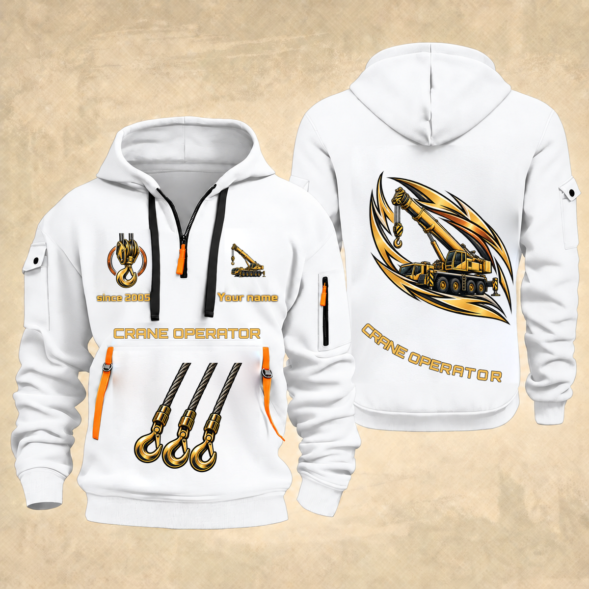 Crane Operator Flow of Craft Quarter-Zip Hoodie in White, full authentic front and back views with matching crane operator tools and equipment artwork, original sample name/year and curved gold occupation lettering.