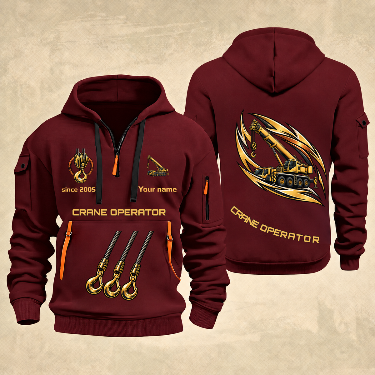 Crane Operator Flow of Craft Quarter-Zip Hoodie in Wine Red, full authentic front and back views with matching crane operator tools and equipment artwork, original sample name/year and curved gold occupation lettering.