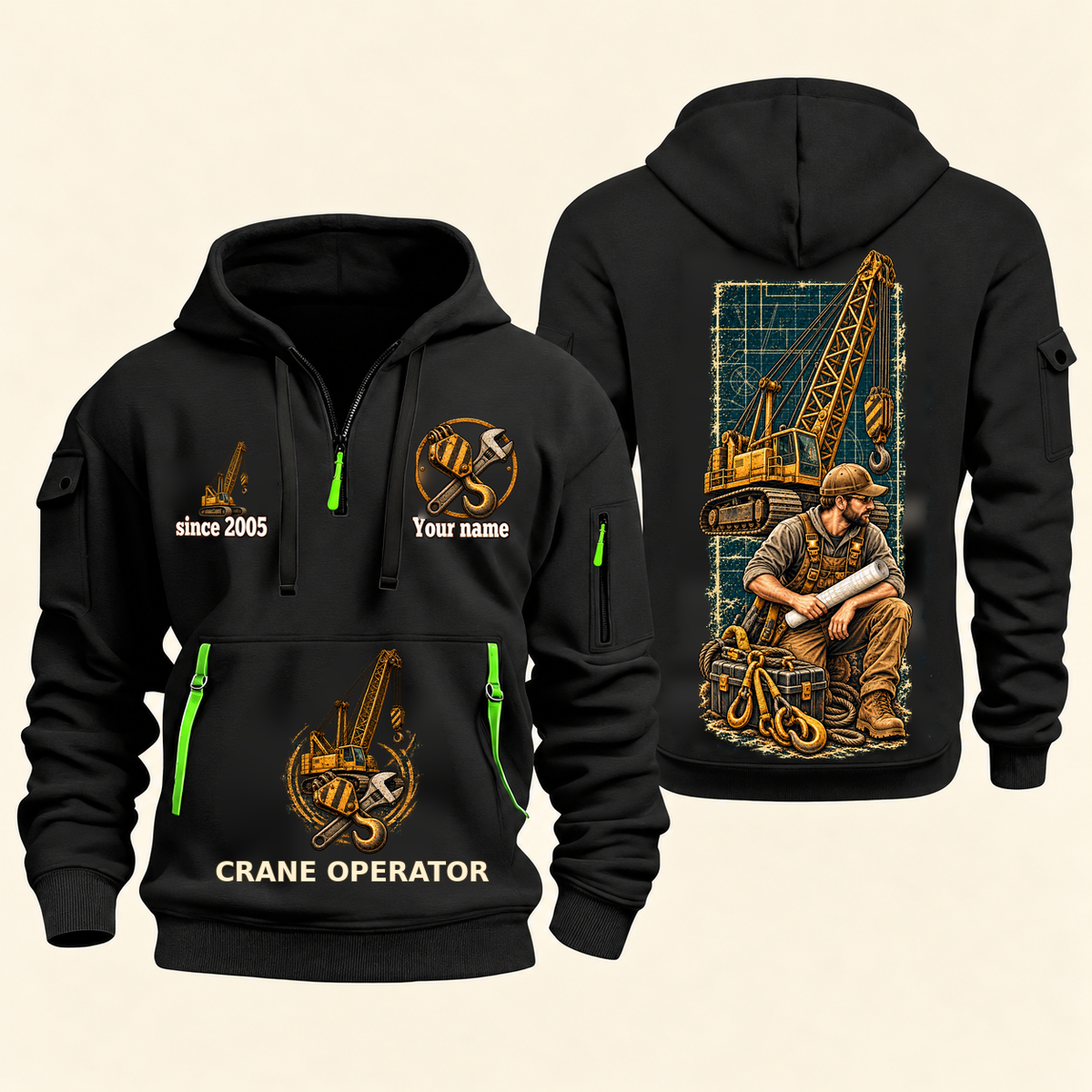 Crane Operator Daily Groundwork Quarter-Zip Hoodie in Black, complete front and back views