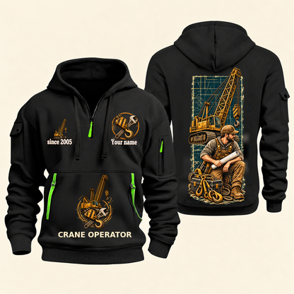 Crane Operator Daily Groundwork Quarter-Zip Hoodie in Black, complete front and back views