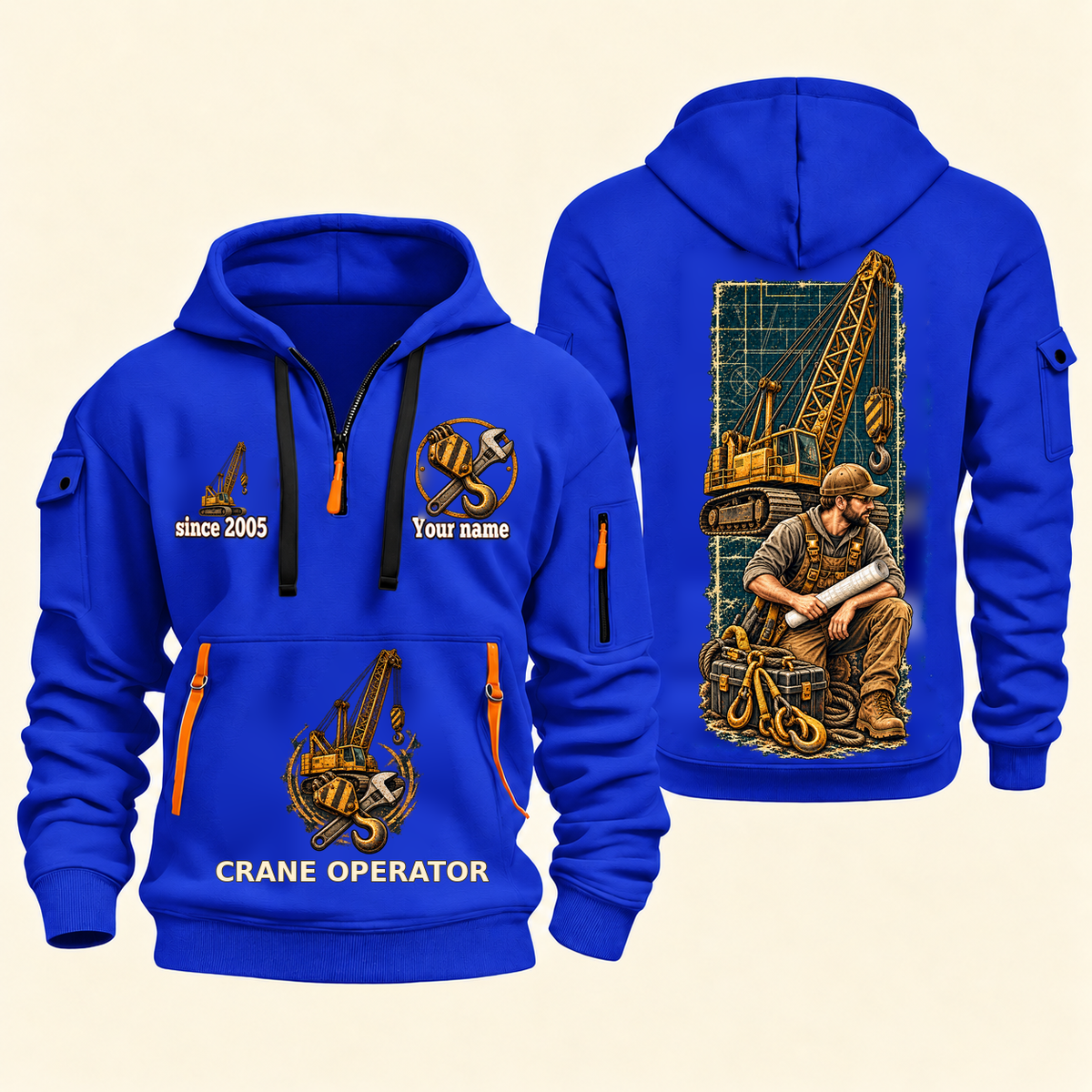 Crane Operator Daily Groundwork Quarter-Zip Hoodie in Blue, complete front and back views