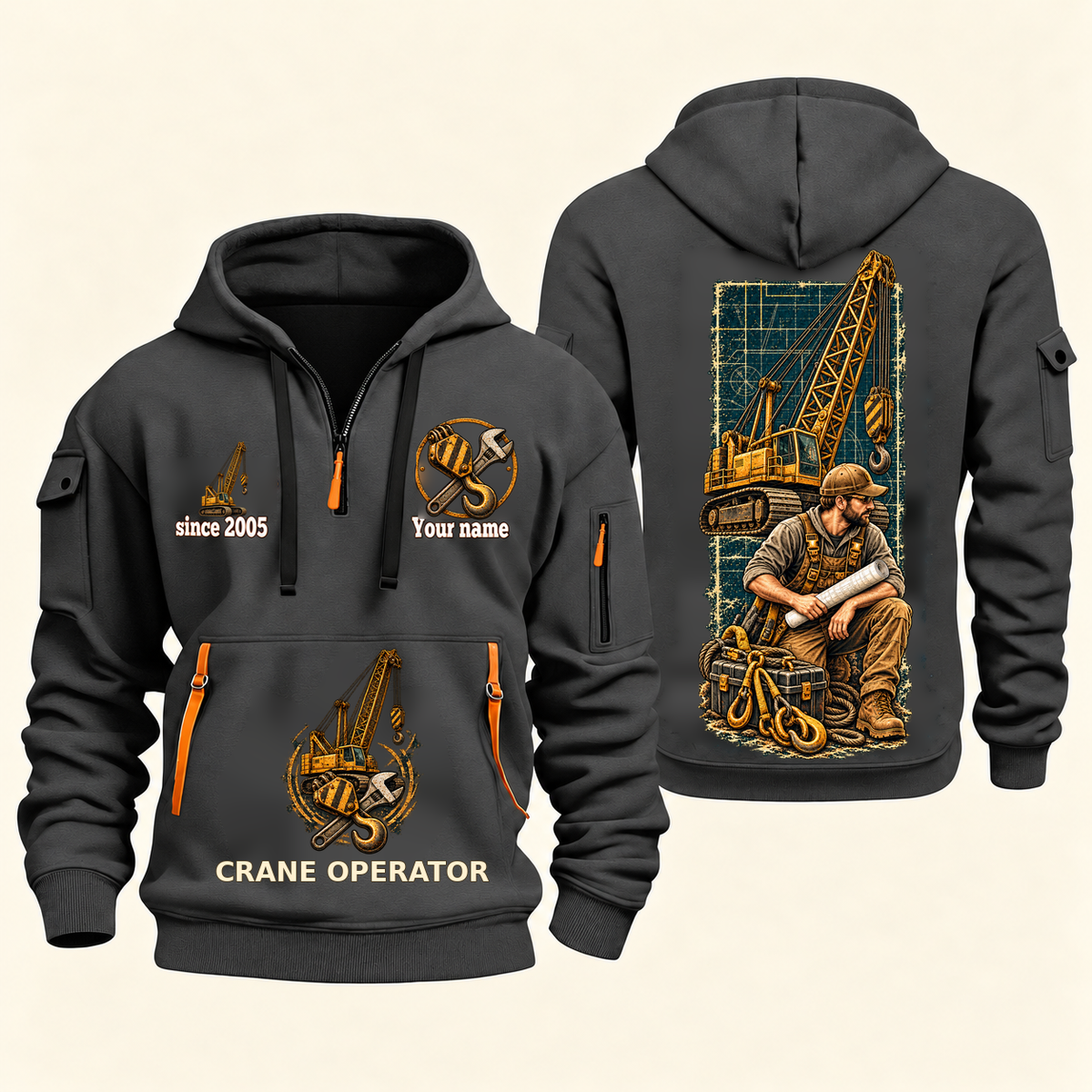Crane Operator Daily Groundwork Quarter-Zip Hoodie in Gray, complete front and back views