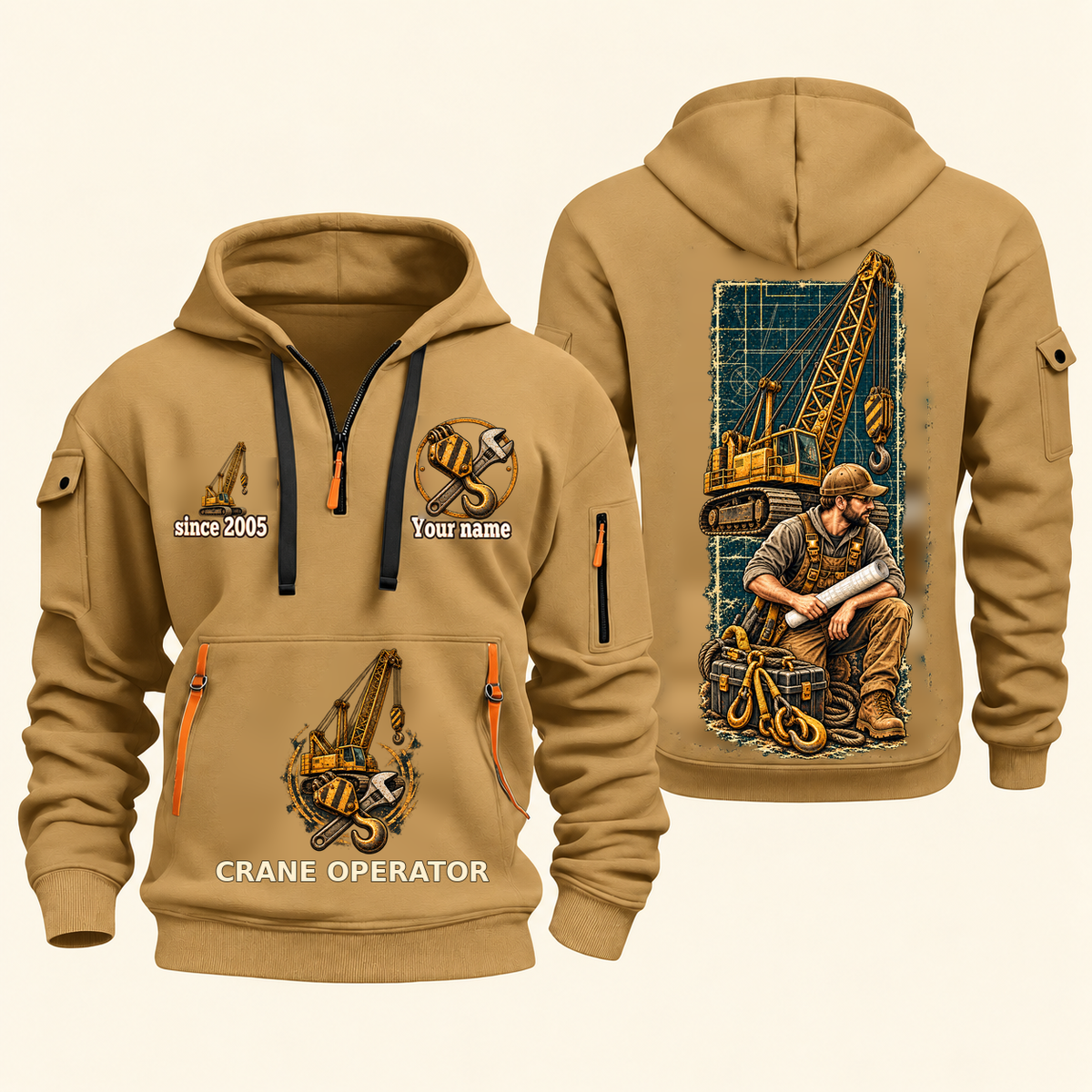 Crane Operator Daily Groundwork Quarter-Zip Hoodie in Khaki, complete front and back views