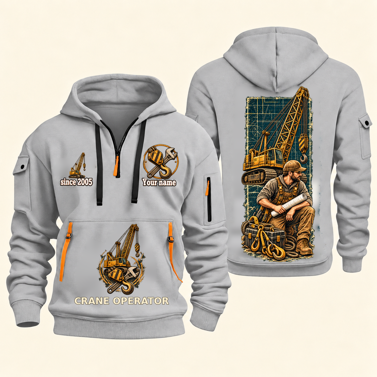 Crane Operator Daily Groundwork Quarter-Zip Hoodie in Light Grey, complete front and back views