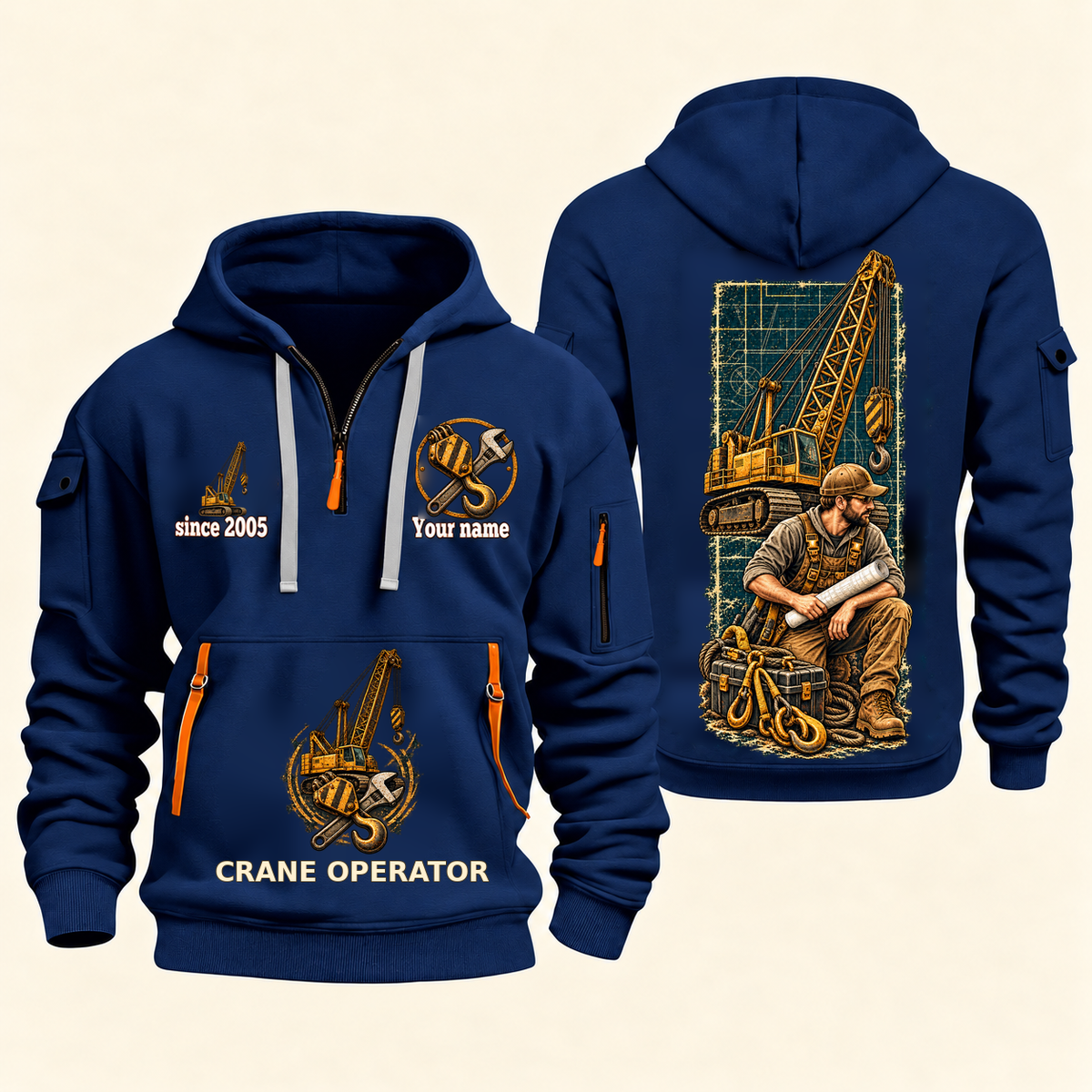 Crane Operator Daily Groundwork Quarter-Zip Hoodie in Navy, complete front and back views