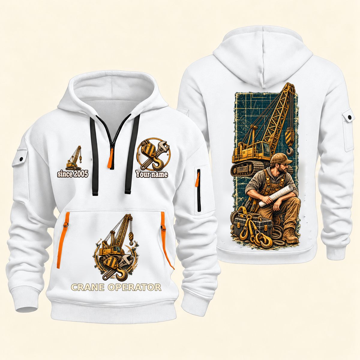 Crane Operator Daily Groundwork Quarter-Zip Hoodie in White, complete front and back views
