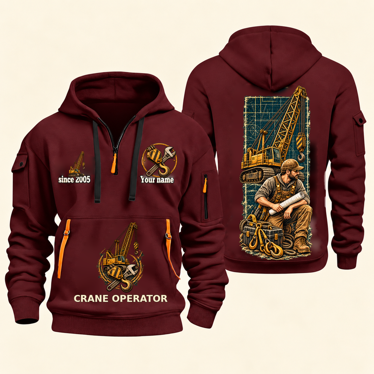 Crane Operator Daily Groundwork Quarter-Zip Hoodie in Wine Red, complete front and back views