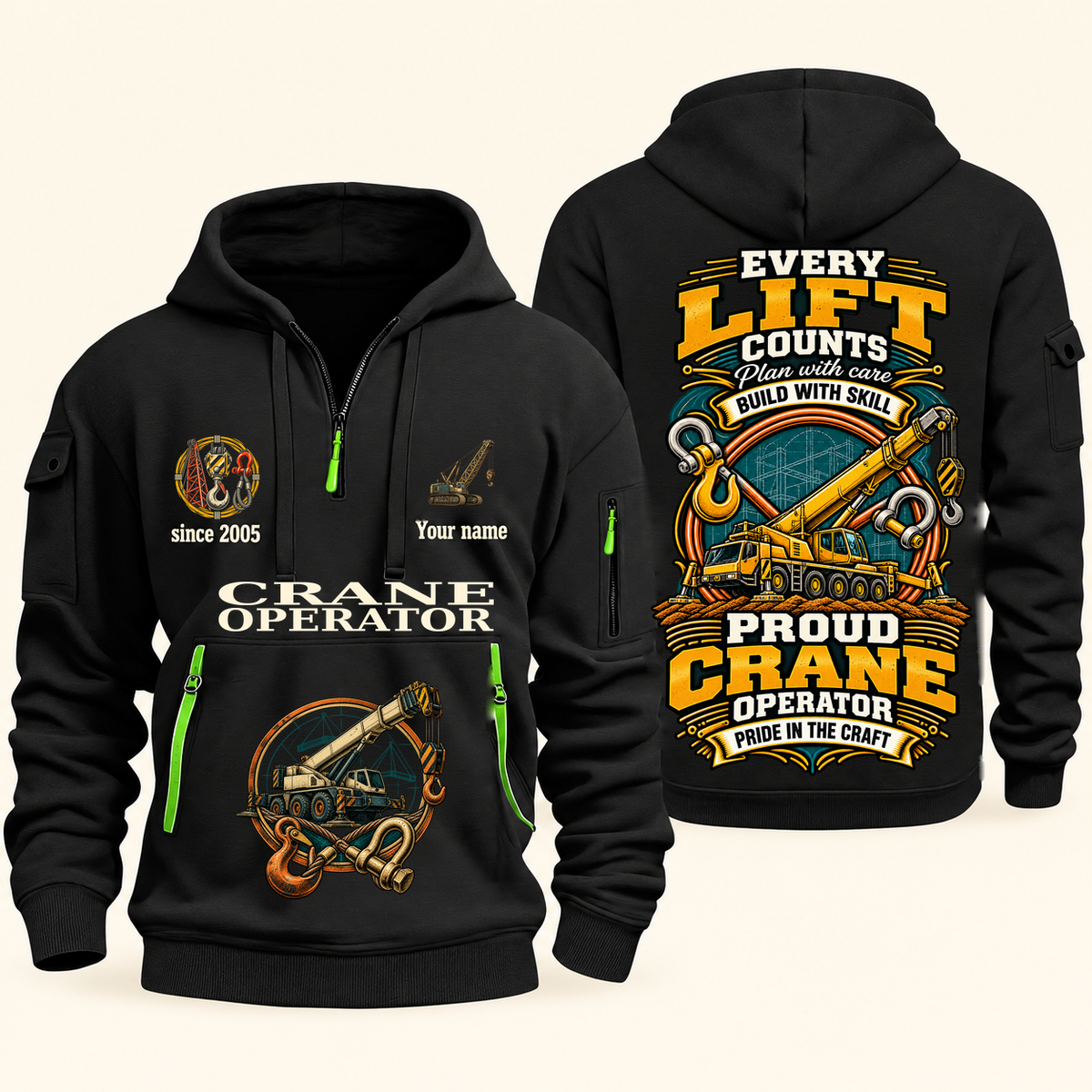 Crane Operator Every Lift Counts Quarter-Zip Hoodie in Black, authentic overlapping front and back views with crane operator artwork and source sample name/year lettering.
