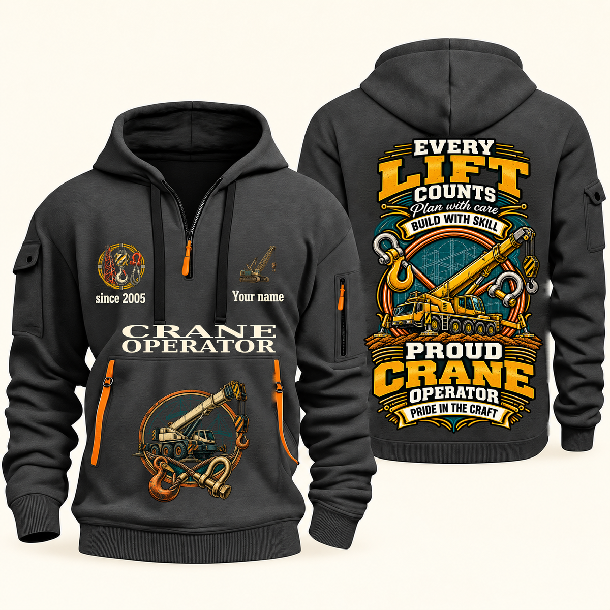 Crane Operator Every Lift Counts Quarter-Zip Hoodie in Gray, authentic overlapping front and back views with crane operator artwork and source sample name/year lettering.