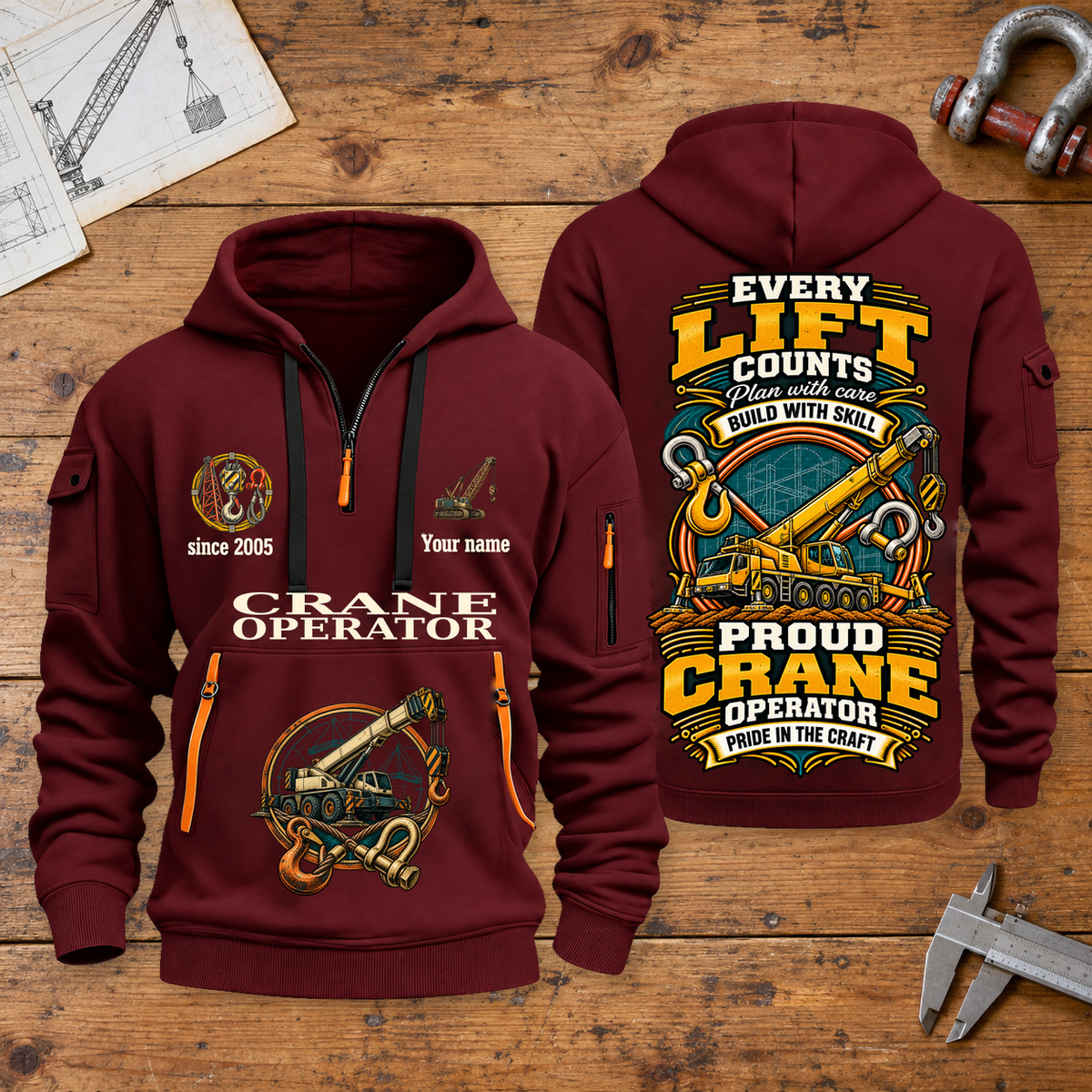 Crane Operator Every Lift Counts Quarter-Zip Hoodie in Wine Red, full front and back views on a crane operator workbench.