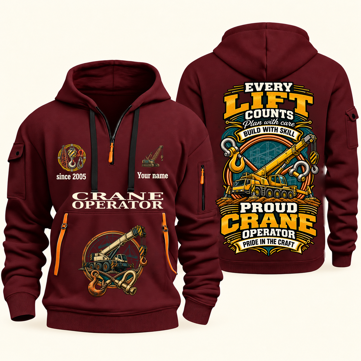Crane Operator Every Lift Counts Quarter-Zip Hoodie in Wine Red, authentic overlapping front and back views with crane operator artwork and source sample name/year lettering.