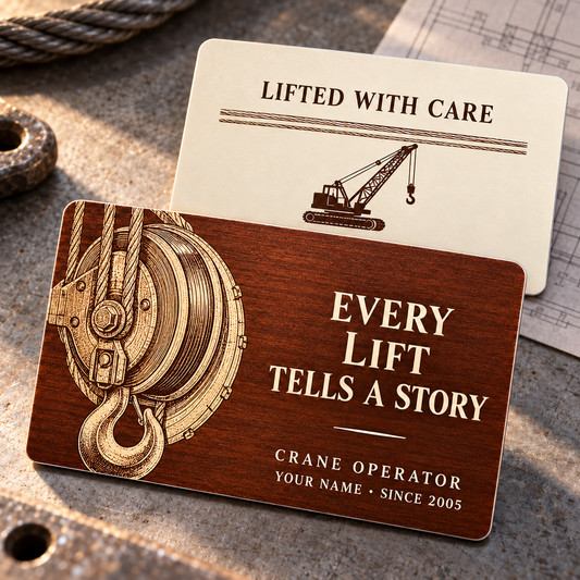 Crane Operator Every Lift aluminum wallet card with a chestnut front reading Every Lift Tells a Story beside a hoist pulley and hook, and an ivory reverse reading Lifted with Care above a crawler crane, shown on a metal planning tabletop.